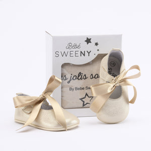 Baby Girls Gold Leather Pre-Walker Shoes | Gold Satin Ribbon