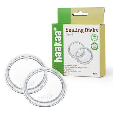 Haakaa Gen 3 Silicone Bottle Sealing Disc 2 pack for secure sealing of baby bottles and easy storage.
