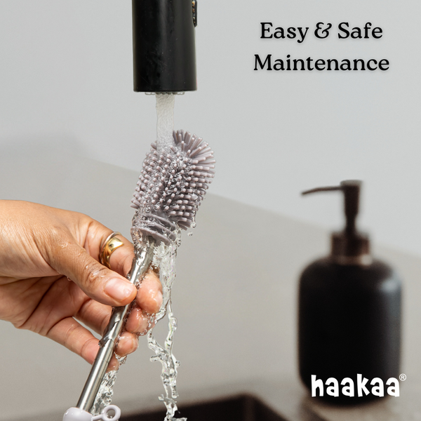 Haakaa Double-Ended Silicone Brush for easy bottle cleaning, shown from angle 5. Ideal for baby care.