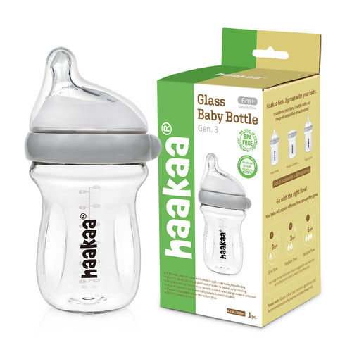 Haakaa Generation 3 Glass Baby Bottle 6 oz, angle view showcasing design and features for infants.