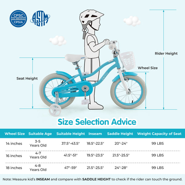 14/16/18 Inch Kids Bike with dual brakes and adjustable seat, perfect for young riders, shown from angle 3.