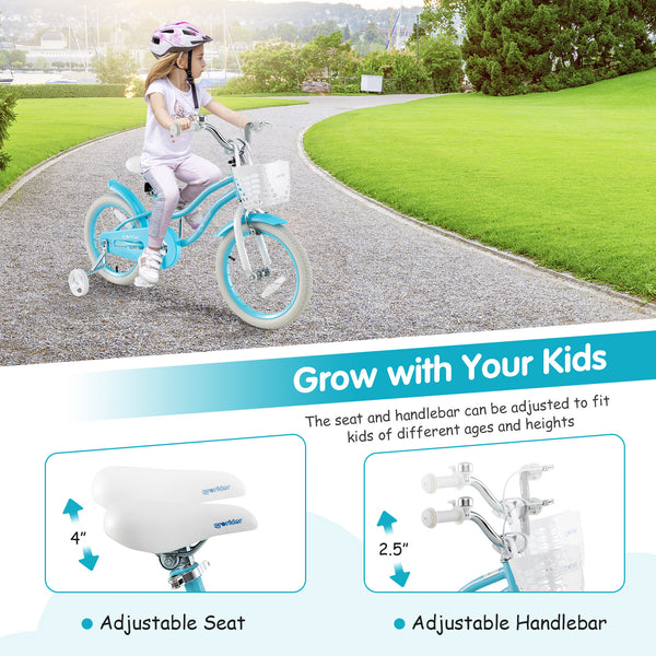 14/16/18 inch kids bike with dual brakes and adjustable seat, perfect for young riders. Angle view showcasing design.