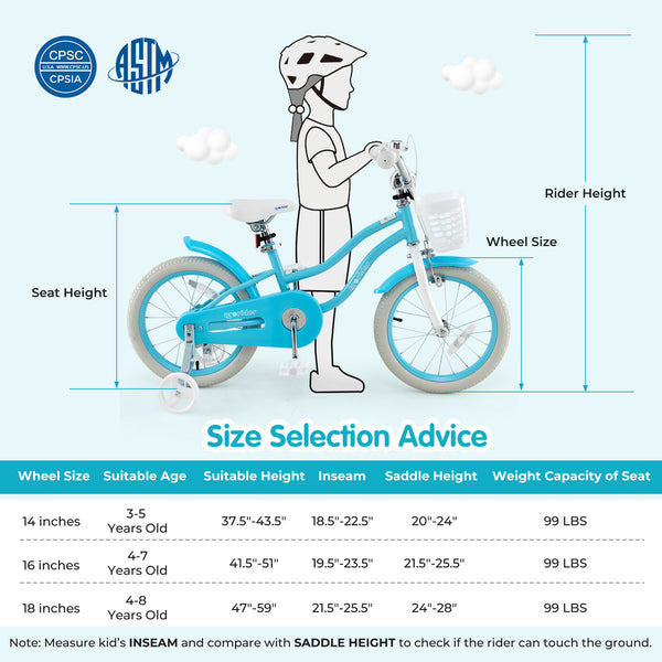 14/16/18 inch kids bike with dual brakes and adjustable seat, perfect for young riders. Angle view showcasing design.