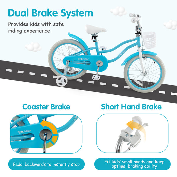 14/16/18 Inch Kids Bike with dual brakes and adjustable seat, perfect for young riders, shown at a 22-degree angle.