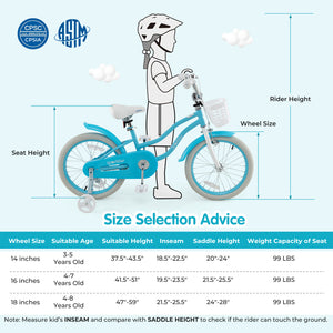 14/16/18 Inch Kids Bike with dual brakes and adjustable seat, perfect for young riders, shown at a 20-degree angle.