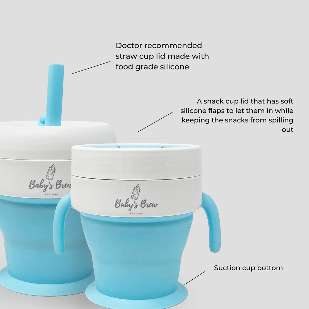2 In 1 Snack Cups for babies, featuring a spill-proof design and easy-grip handles, perfect for on-the-go snacking.
