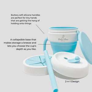 2 In 1 Snack Cups for babies, featuring a secure design and vibrant colors, perfect for on-the-go snacking.