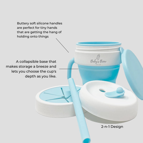 2 In 1 Snack Cups for babies, featuring a secure design and vibrant colors, perfect for on-the-go snacking.