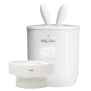 Portable bottle warmer with one adapter, angled view showcasing its compact design for on-the-go feeding.