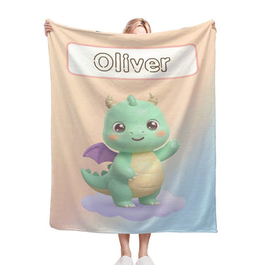 Personalized Kawaii Green Dragon Blanket | Custom Name | Cute Dragon Throw