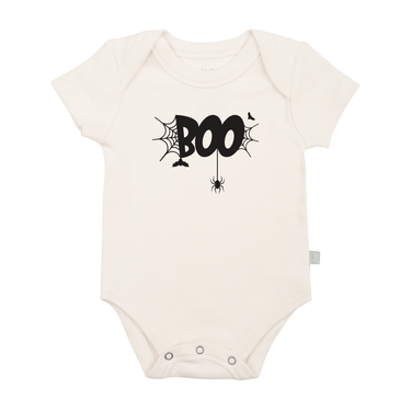 Cute BOO graphic short sleeve bodysuit for babies, perfect for playful and stylish outfits.