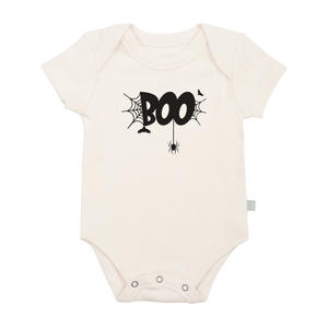 Cute BOO graphic short sleeve bodysuit for babies, perfect for playful and stylish outfits.