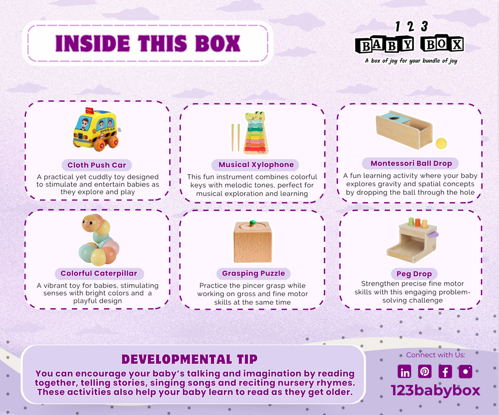 Montessori Educational Box for 11-12 months, featuring engaging toys and soft blankets for sensory development.