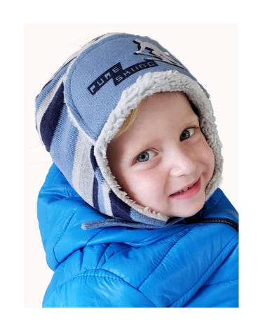 Boys winter trapper knit hat, cozy and stylish for cold weather adventures.
