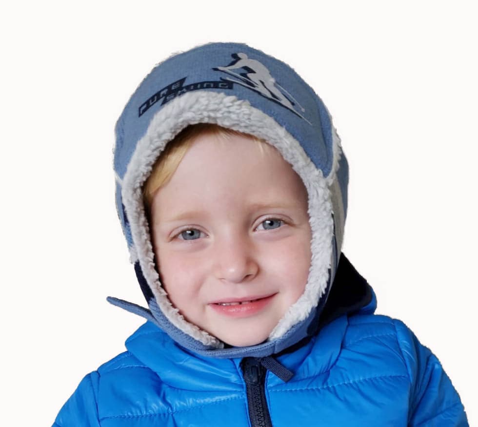 Boys winter trapper knit hat, cozy and stylish for cold weather adventures.