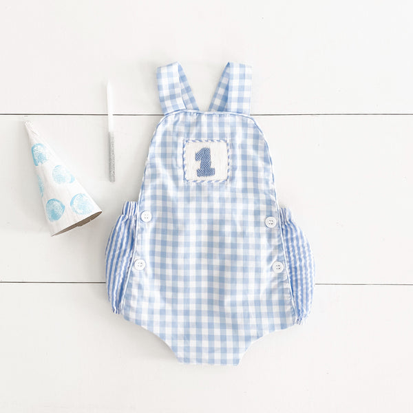 Smocked Blue First Birthday Bubble - MOOGCO Baby