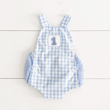 Baby Boy First Birthday Outfit – Smocked Blue Birthday Bubble