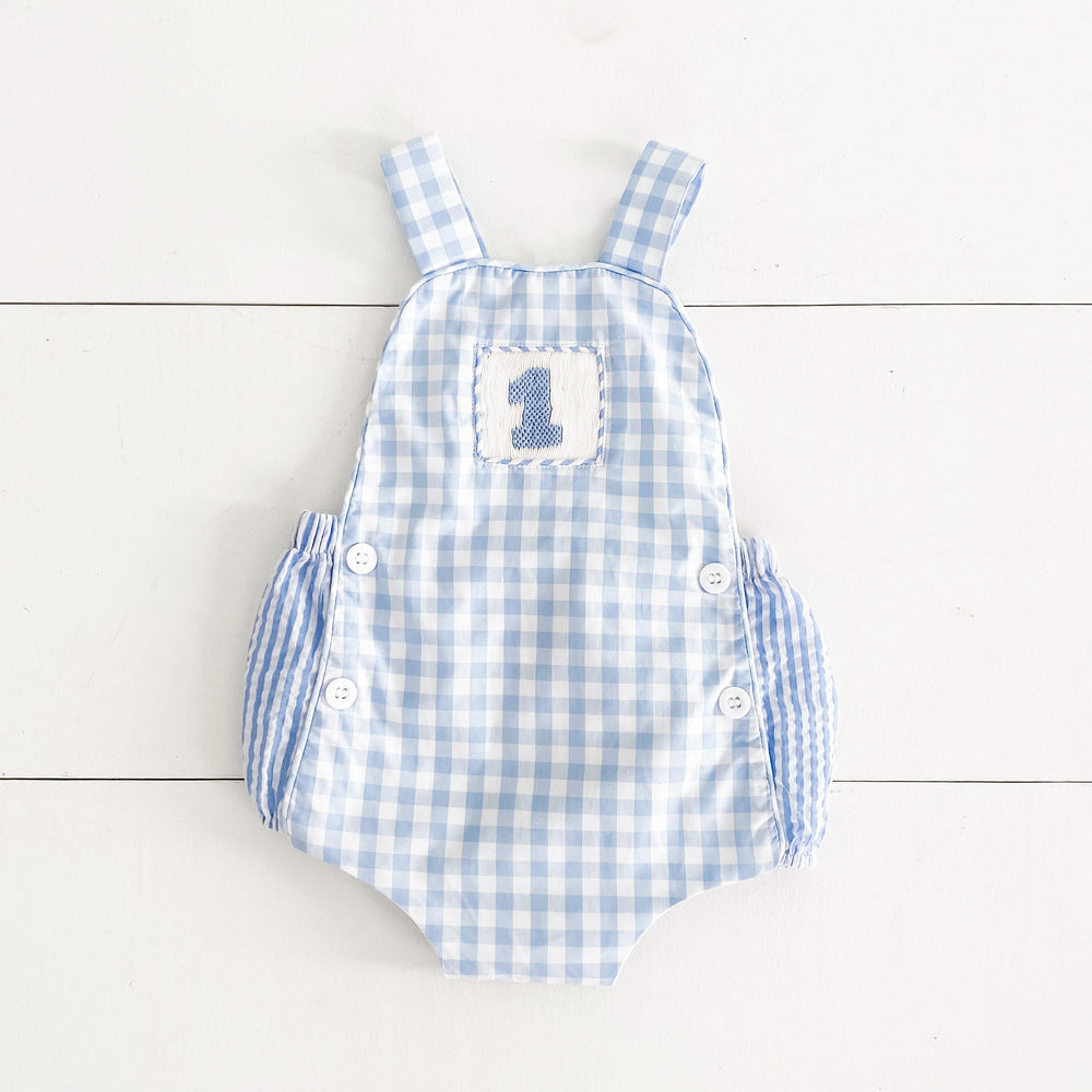 Smocked Blue First Birthday Bubble