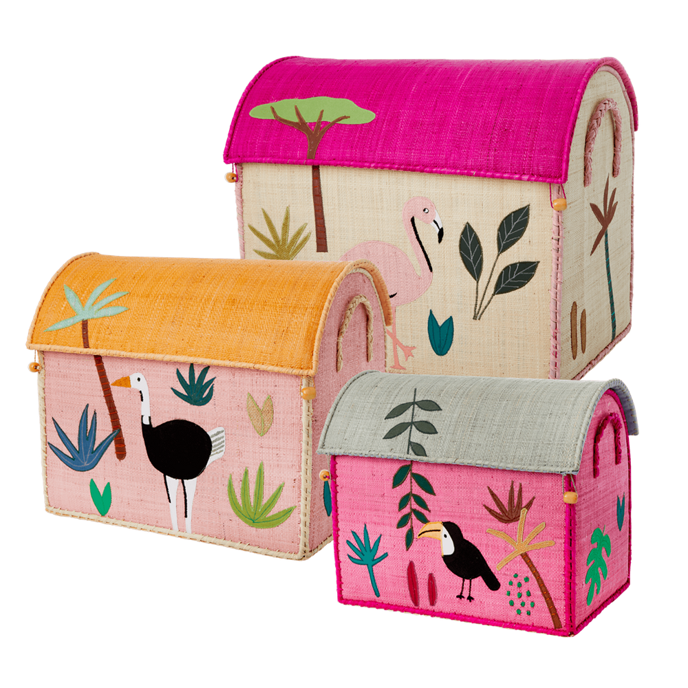 Raffia Storage Baskets with Jungle Pink Theme - Set of Three