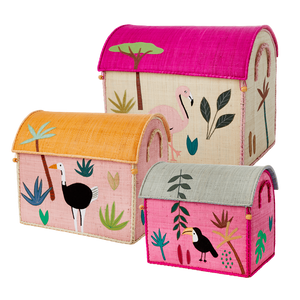 Raffia Storage Baskets with Jungle Pink Theme - Set of Three