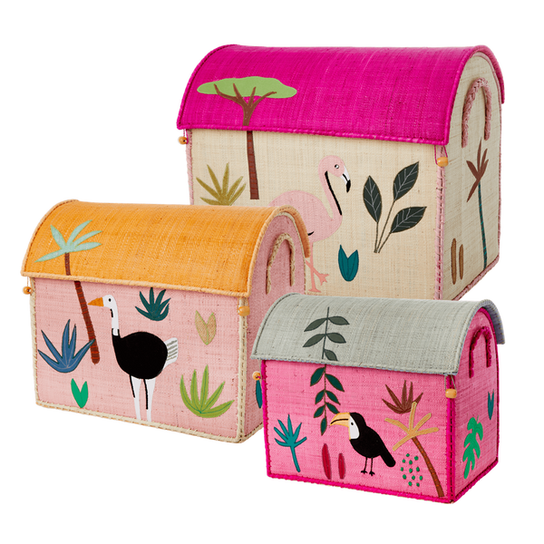 Raffia Storage Baskets with Jungle Pink Theme - Set of Three