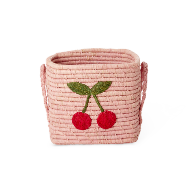 Pink Square Raffia Basket with Cherry Design for toys, perfect for organizing baby essentials.