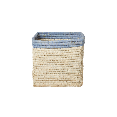 Small square raffia storage basket with blue top, perfect for organizing baby toys.