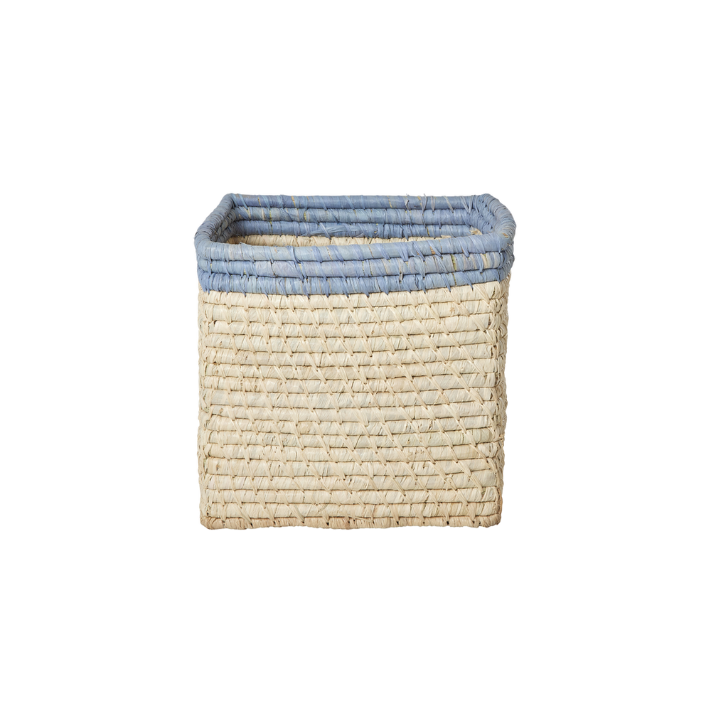 Small Square Raffia Storage Basket with a Blue Top
