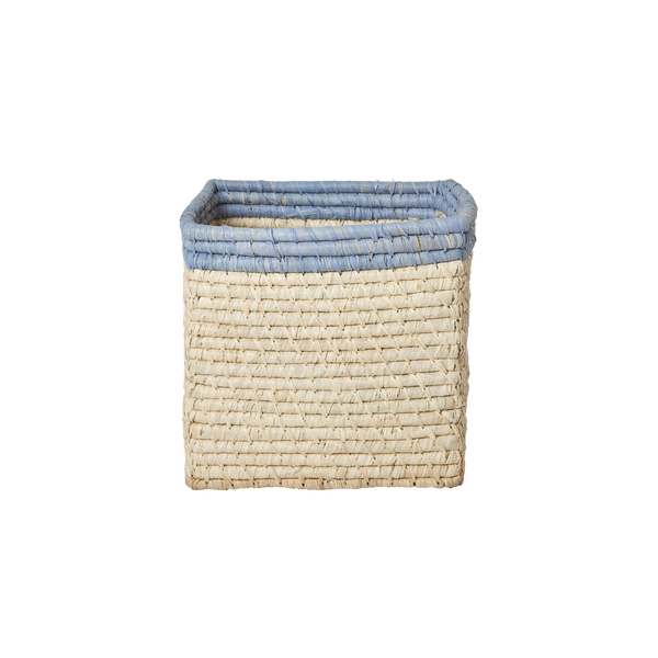 Small Square Raffia Storage Basket with a Blue Top
