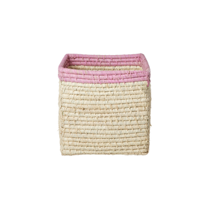 Small Square Raffia Storage Basket with a Pink Top