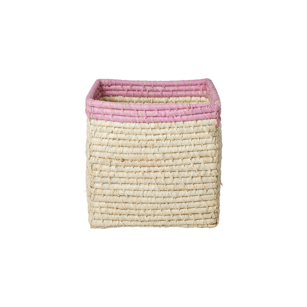 Small Square Raffia Storage Basket with a Pink Top