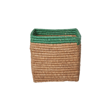 Small square raffia storage basket in tea color, perfect for organizing baby toys.