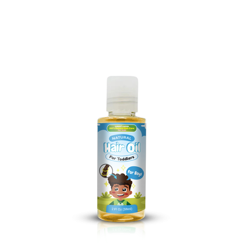 Toddler Hair Oil in a sleek bottle, perfect for nourishing and styling baby hair, showcased from an angled view.
