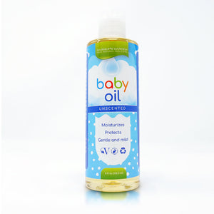 Moisturizing baby oil in a bottle, perfect for gentle skincare and hydration for your little one's delicate skin.