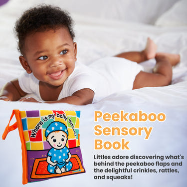 Peekaboo Sensory Book for babies, featuring vibrant textures and colors, perfect for teething and sensory exploration.