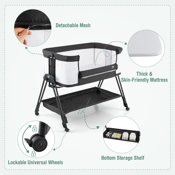Portable bedside sleeper for baby with 7 adjustable heights, perfect for safe and convenient sleep. Angle 4 view.