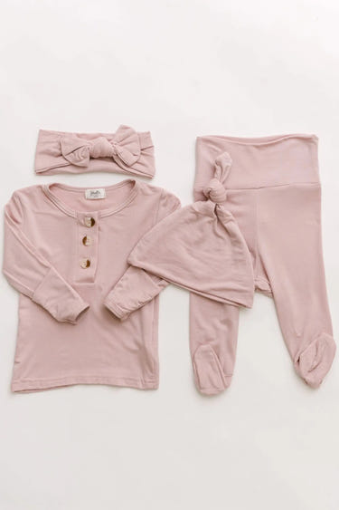 Dusty rose girls' top and bottom outfit set with bow and hat, perfect for stylish baby onesies.