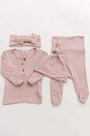 Dusty rose girls' top and bottom outfit set with bow and hat, perfect for stylish baby onesies.