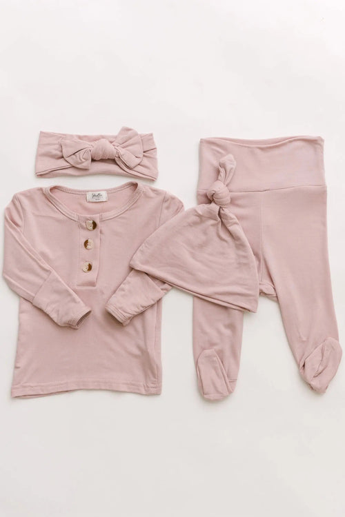 Dusty rose girls' top and bottom outfit set with bow and hat, perfect for stylish baby onesies.