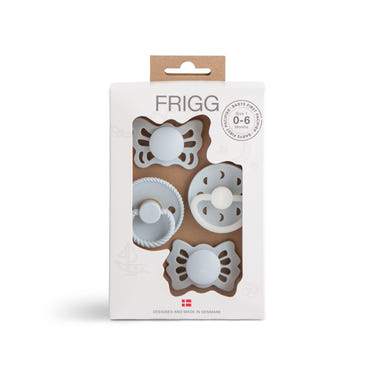 FRIGG Baby's First Pacifier Moonlight Sailing 4-Pack in Powder Blue, perfect for soothing infants.