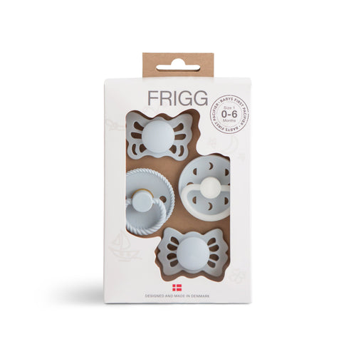 FRIGG Baby's First Pacifier Moonlight Sailing 4-Pack in Powder Blue, perfect for soothing infants.