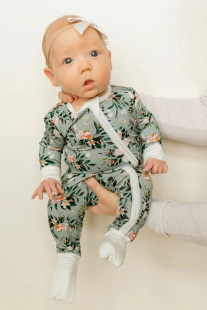 Bamboo Baby Clothes - Convertible Jumpsuit 0-3 Months - Botanical - MOOGCO Baby