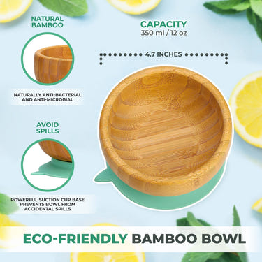 Bamboo bowl with suction base for babies, perfect for mealtime without spills.