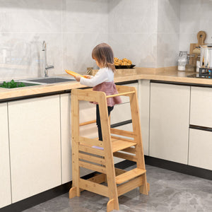 Bamboo Kids Kitchen Step Stool with Adjustable Height and Safety Rails-Natural