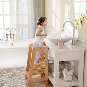 Bamboo Kids Kitchen Step Stool with Adjustable Height and Safety Rails-Natural