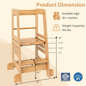 Bamboo Kids Kitchen Step Stool with Adjustable Height and Safety Rails-Natural