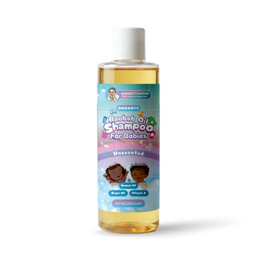 Organic Baobab Oil Baby Shampoo in a bottle, gentle and nourishing for delicate baby hair and scalp.
