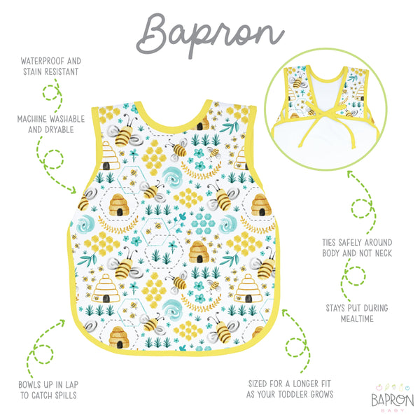 "Busy Bees Bapron in vibrant colors, angle 4 view showcasing its unique design for mess-free feeding."