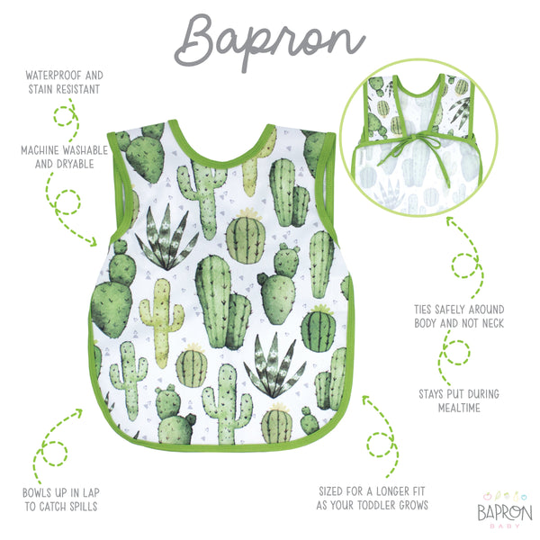 Desert Cactus Bapron for babies, angle view showcasing vibrant design and practical bib-apron style.
