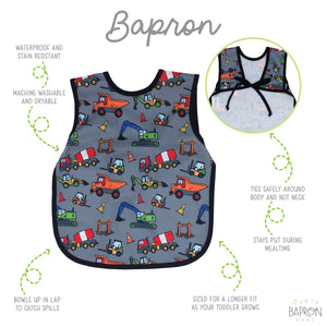 "Construction Zone Bapron for babies, featuring colorful construction vehicles and a practical design, angle view."